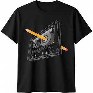 Men's Cotton Round Neck Short-Sleeve T-Shirt - Menswear Fashion Casual T-Shirts, Vintage 80s 90s Cassette Pencil Graphic Rewind Gift Clothes