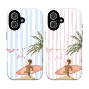 Cute Cartoon Monkey Surfing Phone Case, Aesthetic Pastel Blue & Pink Striped Phone Cover for iPhone 11–17 & Galaxy S21–S26, Curious Georgee Summer Beach Tough Case, Cute Bikini Laundry Line Design, Preppy Gift for Her