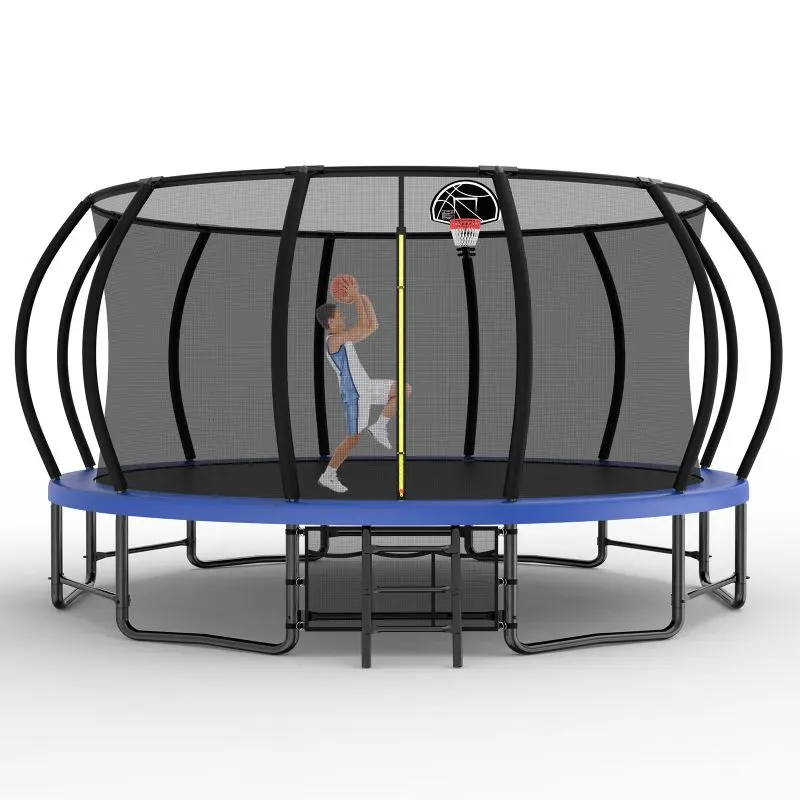 15ft Heavy-Duty Recreational Trampoline, Large Blue Outdoor Exercise Equipment for Family Fitness with a Safety Net, Curved Poles, and 96 Springs, Outdoor Trampoline