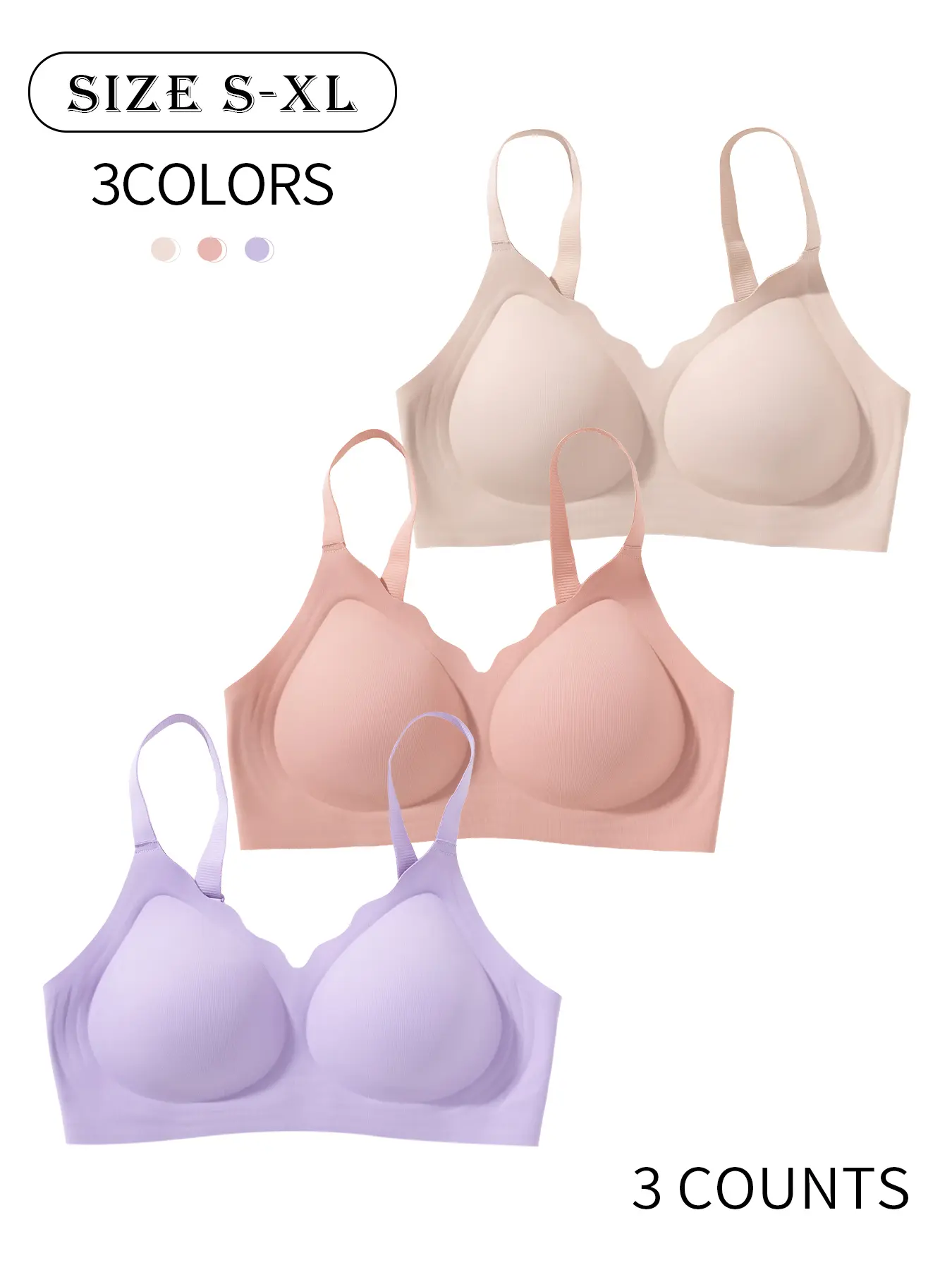 3 Pack / 5 colors, Minimalist seamless fit jelly women's underwear bra with hook-and-eye closure, adjustable straps, underwire support, gathers and enhances back beauty XS-XL Comfortable, skin-friendly, soft, daily casual sports