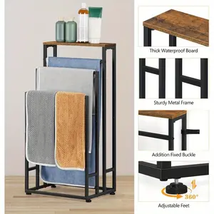 Three-tier towel drying rack, freestanding bathroom towel rack, vertical towel rack with shelf, hand towel rack, suitable for bathroom floors, dormitories, and laundry rooms (vintage brown)