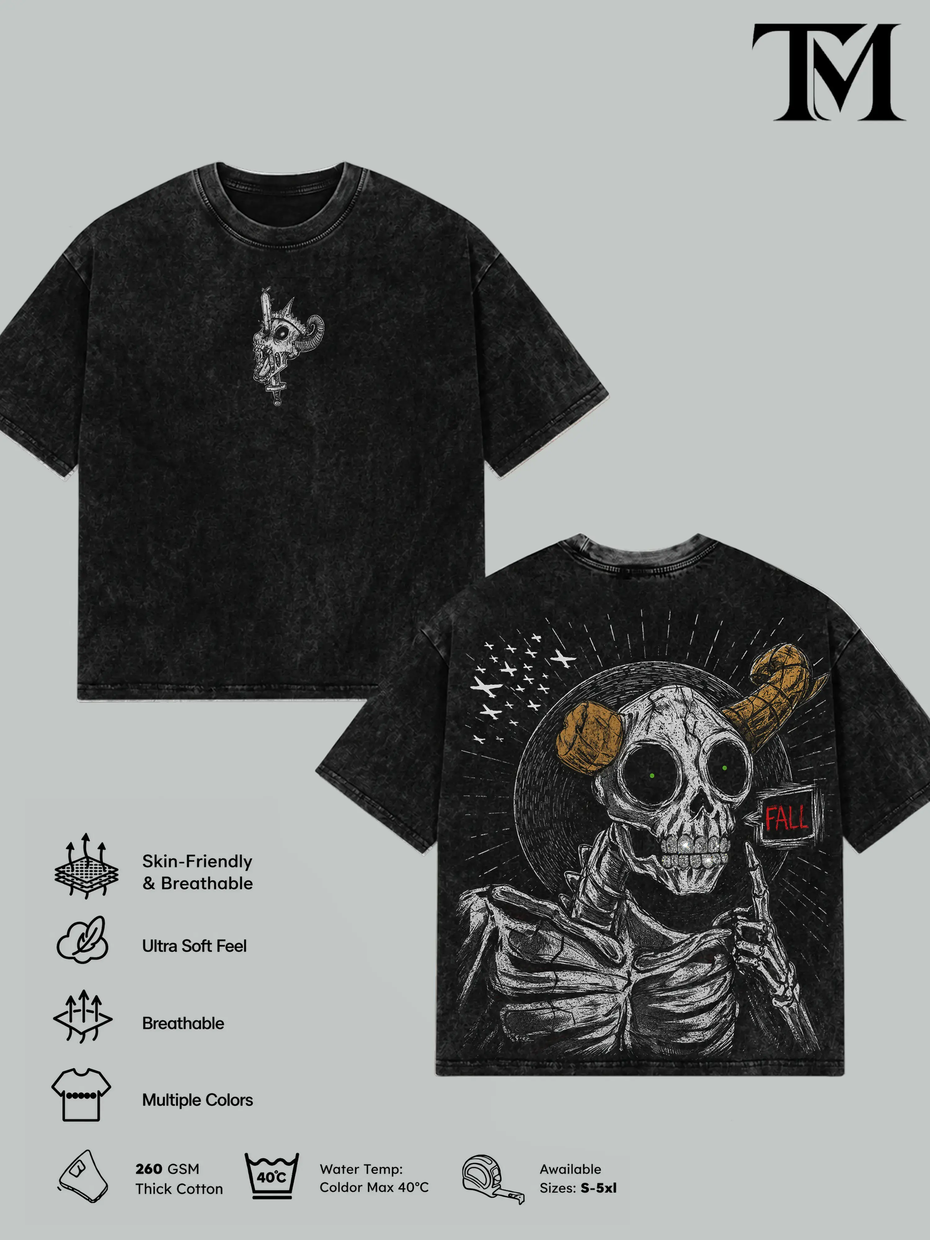 Men's Short-Sleeve Vintage Washed Oversized Lich Adventure Time T-Shirt - Heavyweight Cotton, Double-Printed Dark Fantasy Graphic, Retro Gothic Streetwear, Unisex Fan Merch Gift, Round Neck Tropical Casual Top, Shortsleeve