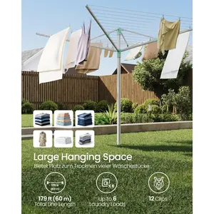 Umbrella Drying Rack, Retractable Outdoor Drying Rack, Height Adjustable, 164 ft Long Clothesline, Holds 5 Laundry Loads, for Garden, with Ground Spike, Cover, Silver and Green ULLR301E01 Aluminium Metal