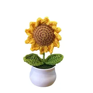 Handmade Crochet Bouquet Potted Flowers Artificial Knitted Forever Sunflower with Exquisite Pot Decor for Home Decor or Gifting