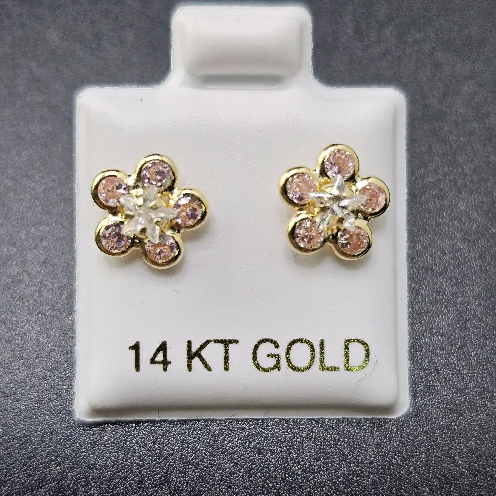14 KT Gold Earrings for Everyday Wear - Flower Design with Pink and White Stones
