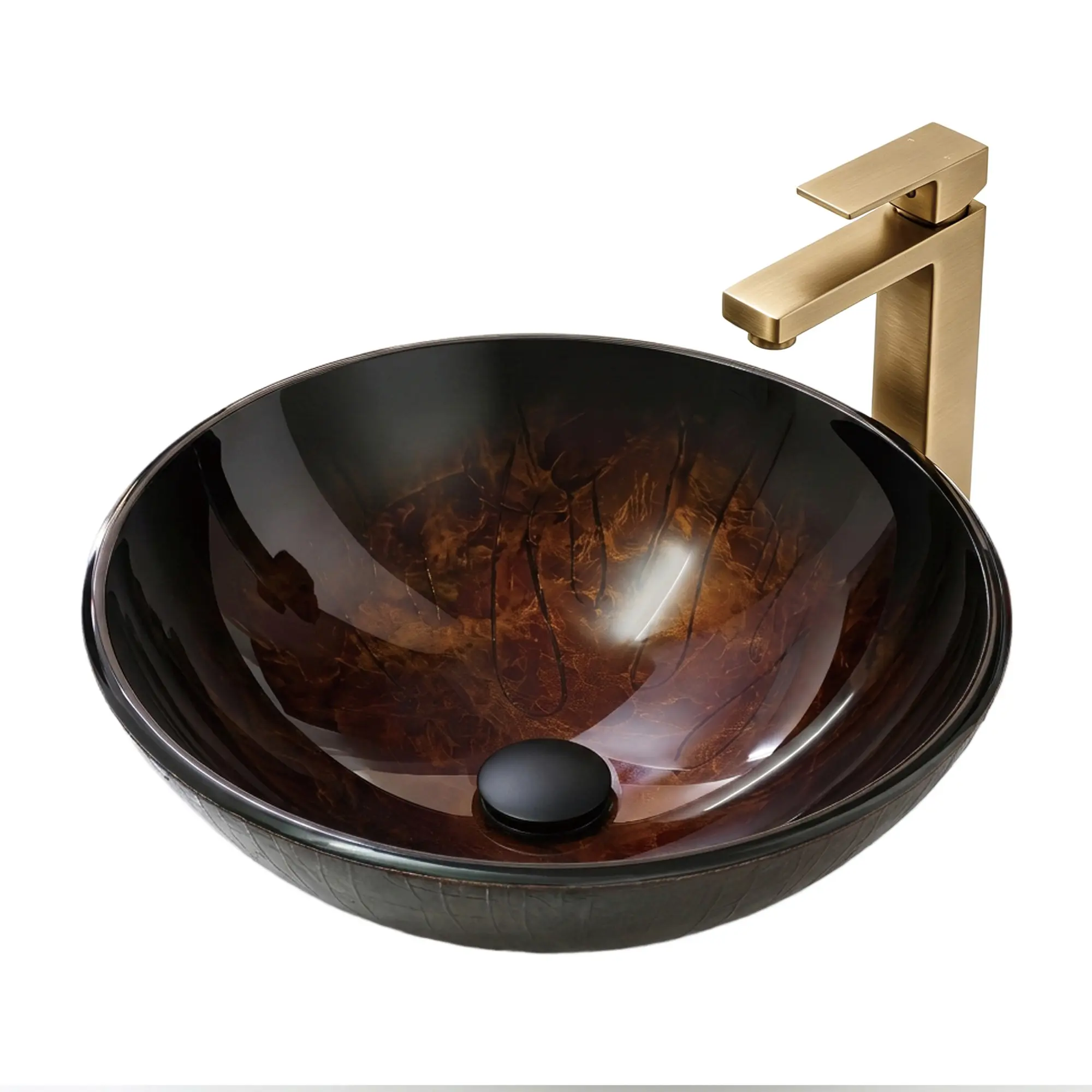 Round Amber Tempered Glass Vessel Sink with Artistic 3D Texture, Countertop Bathroom Basin