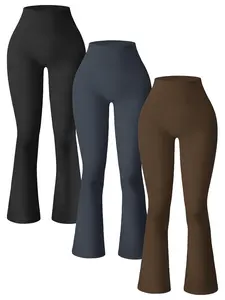 Sporty Women's 3pcs Solid Color High Waist Flare Leg Sports Leggings, High Stretch Seamless Bell Bottom Tight-Fitting Yoga Leggings, Ladies Sportswear for Indoor Outdoor Wear, Gym Workout Leggings