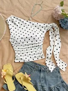 Women's Summer Fashion Womenswear Tight-Fitting Elastic Polka Dot Cross-Neck Tie-Up Top, Trendy Casual Daily Wear Tee Shirt