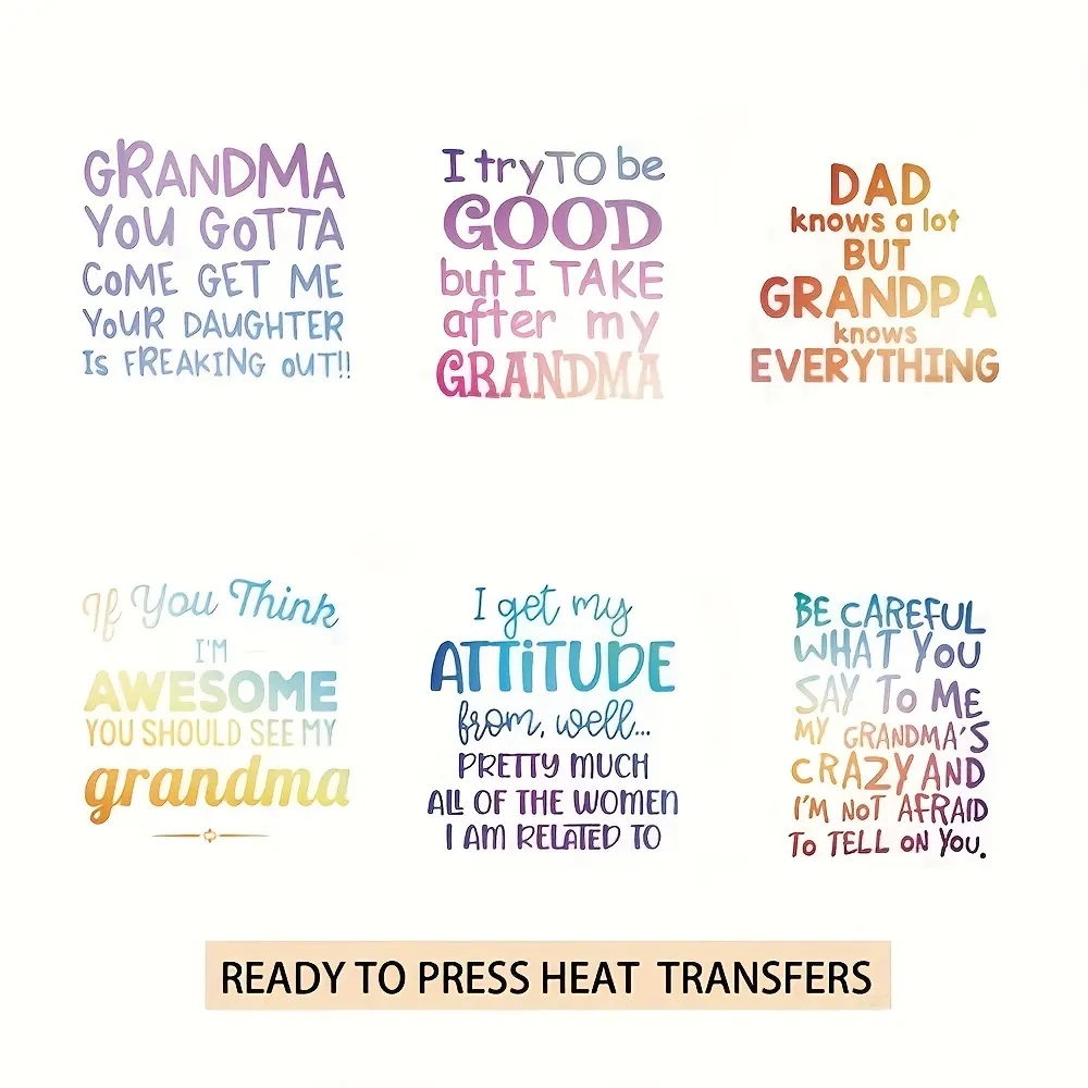 Heat Transfer Printing Set, 6pcs Various Colored Texts, DTF Transfers for T-Shirts & Bags, Washable & Durable Design, Handcraft