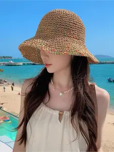 Summer hollow sunscreen visor breathable beach hat Adjustable Bucket Hat colored seaside vacation wind wide brim woven fisherman straw hat woman