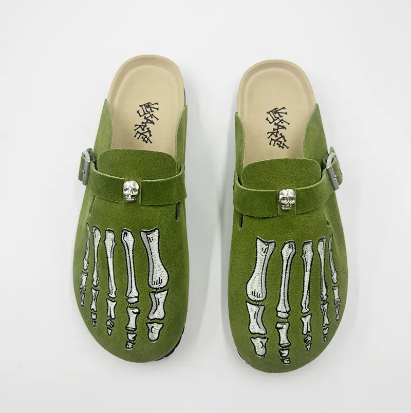 Skeleton Mule Slides - Gothic Punk Slip-On Shoes | Edgy Daily Style green  Casual Leather Men Clogs Skeleton Hand Embroidery Mule Clogs