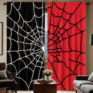 2pc black and red dual-color spiderweb print blackout curtains, Window curtain, with rod pocket design, suitable for dormitories, bedrooms, living rooms, apartments for home decoration