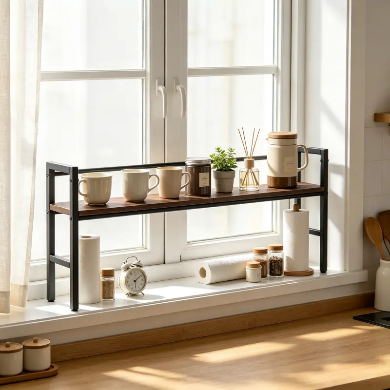 Modern Kitchen Window Shelf Organizer with Two Levels for Cups, Jars, and Decorative Items