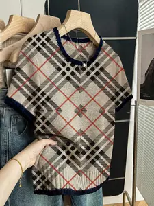 Geometric Stripe Colorblock Print Round Neck Sweater, Casual Fitted Short Sleeve Knitwear for Spring Summer Fall, Comfortable Warm Women's Clothing