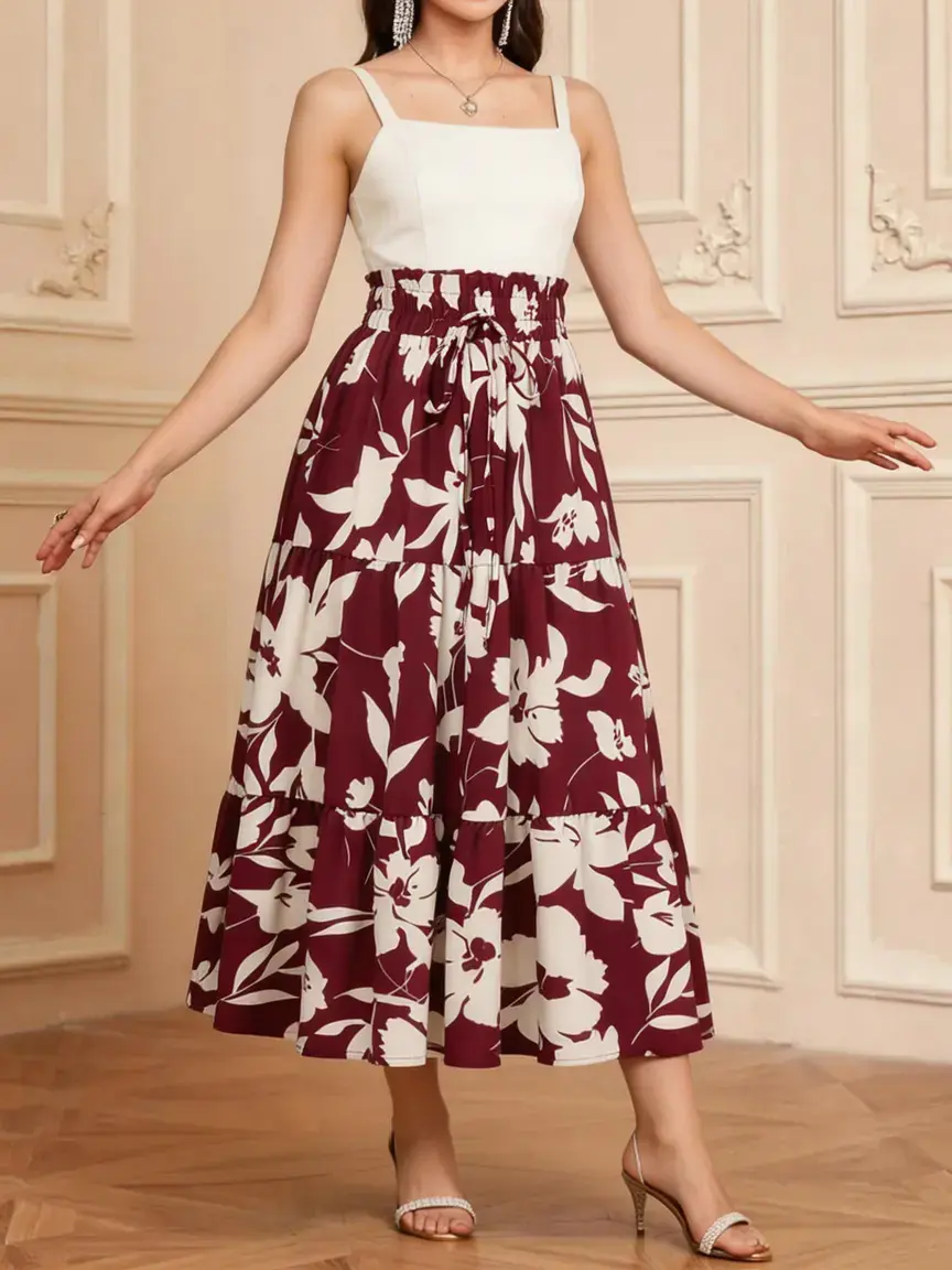 Women's Floral Print Midi Skirt, Elastic Waist Fake Drawstring Design, Elegant Above-The-Knee Half Skirt, Casual Long Skirt, Outfit