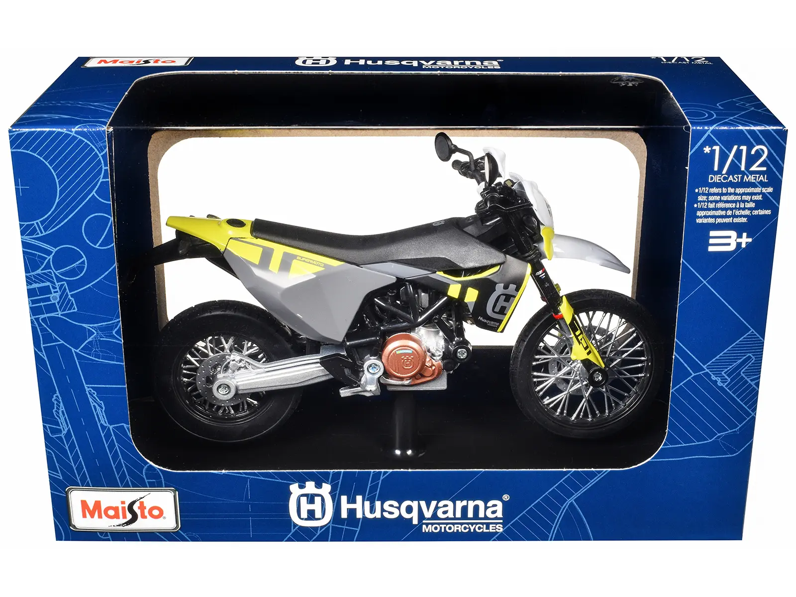 2023 Husqvarna 701 Supermoto Motorcycle Matt Black and Gray with Yellow and White Accents with Base 1/12 Diecast Model by Maisto