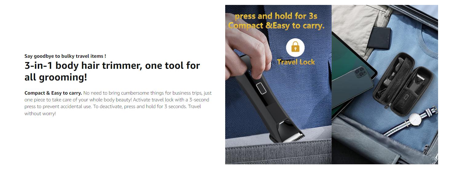 Body Trimmer for Men, Groin & Body Hair Trimmer, Ball Foil Shaver, Nose Hair Clippers, 3 in 1 Men's Waterproof Wet/Dry Groomer with Travel Case &Travel Lock, LED Display, Black