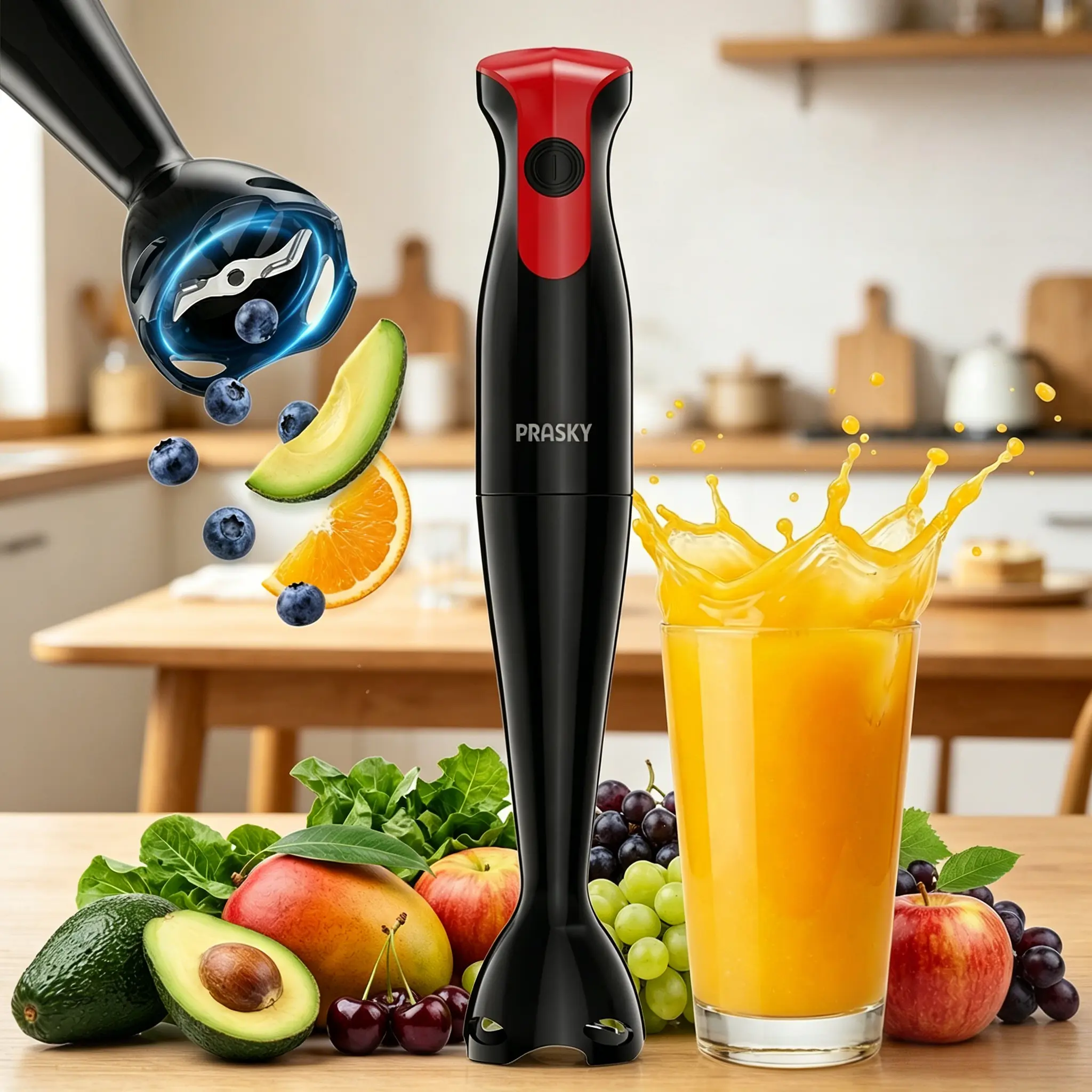 PRASKY Hand Blender with 304 Stainless Steel & Detachable Shaft – Mix Milkshakes, Soups, Baby Food & More
