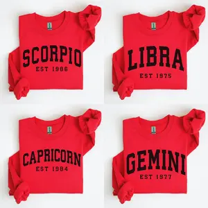 (DM To Shop) Custom Year, Custom Zodiac Sweatshirt – Red Color, Est Your Year Astrology Pullover, Cute Horoscope Energy Gift, Unisex Crewneck Sweatshirt, Birthday Zodiac Sign Outfit 2025 - HARSIN