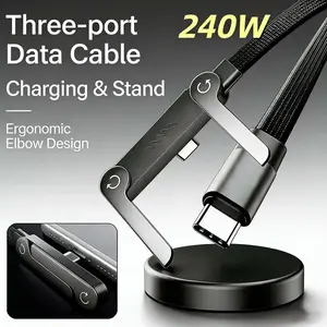 240W USB C to USB C Ultra Fast Charging Cable with Invisible Stand Flat Phone Charger 90 Degree Right Angle Plug T Shaped Foldable Stand Multi Functional Cord Black 4.9 Ft