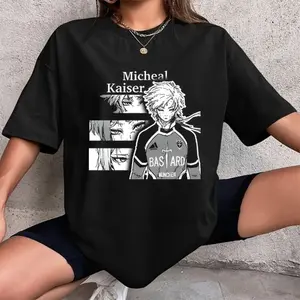 Gildan Women's Cotton Short-Sleeve Crew Neck Fitted T-Shirt - Streetwear Casual Blue Lock Anime Michael Kaiser Soccer Graphic Clothes, Shortsleeve Top