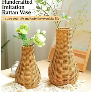 Handwoven Vintage Rattan-Look Floor Vase, Minimalist Home Decor for Living Room & Balcony, Decorative Flower Cylinder for Tabletop
