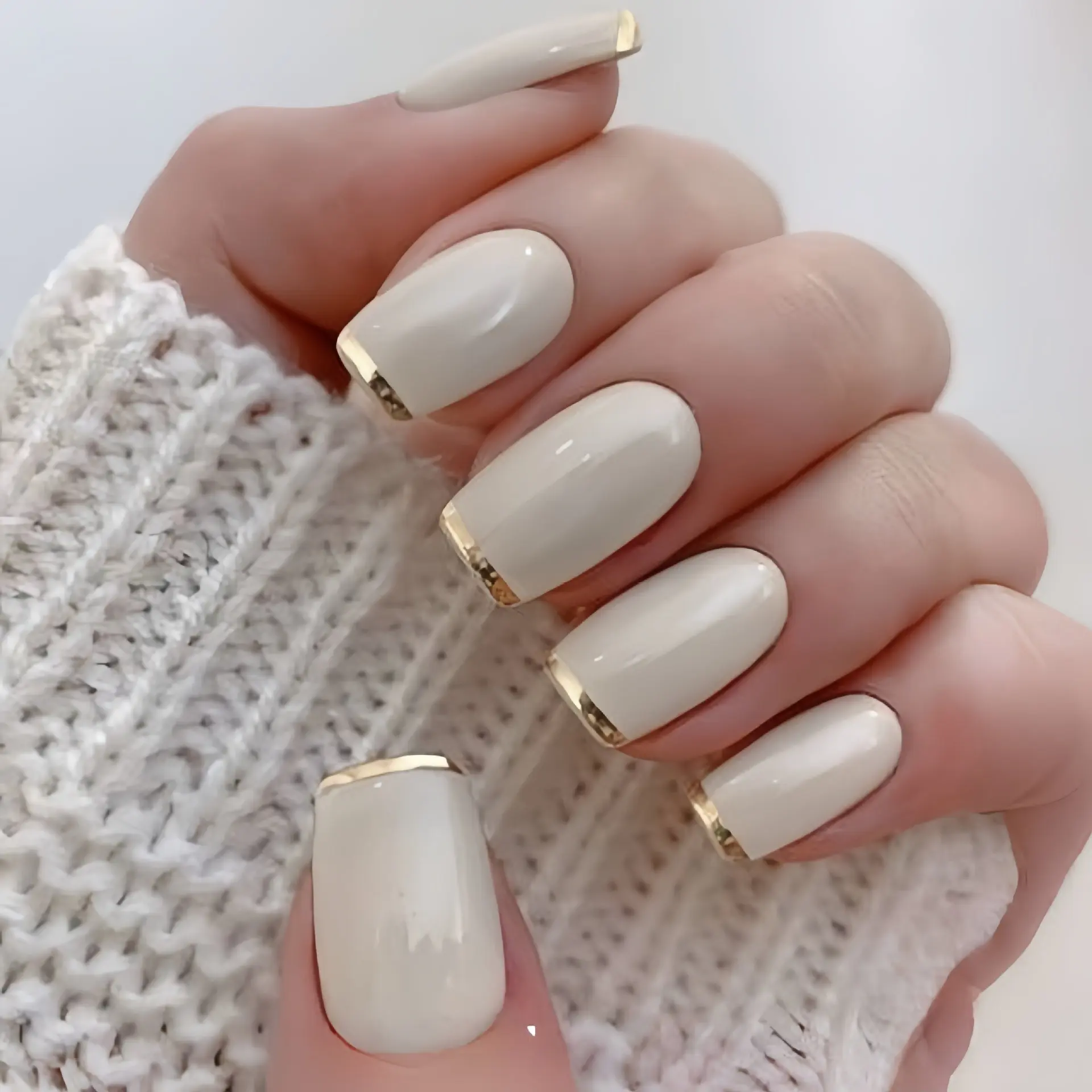 24pcs New Square Detachable Nail Art, Luxurious Milk Nails, Minimalist Gold Edge French Short Press-On Nails, Daily Commute Style, French Tip Nails, Glossy French Tips