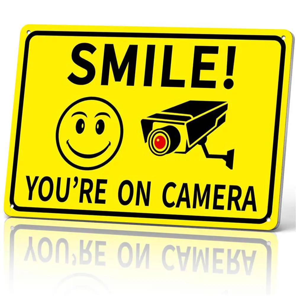 12x8 in Lightweight Aluminium Metal Funny Security Sign - "Smile You're On Camera" Vintage CCTV Warning Plaque, Home Decor, Retro Wall Art, Friend Gift