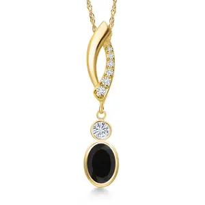 14K Yellow Gold Black Onyx and White Moissanite and Lab Grown Diamond Pendant Necklace for Women | 0.86 Cttw | Gemstone December Birthstone | Oval 7X5MM | With 18 Inch Chain