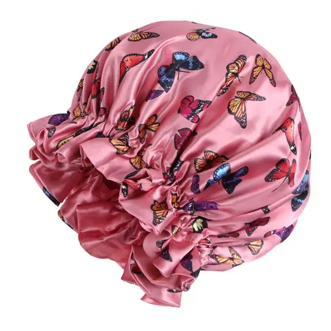 Butterfly Print Satin Bonnet, Double Layer Sleep Bonnet, Hair Protection Elastic Edge Bonnet for Women & Men, Fashion Accessories for Daily Wear, Adjustable Satin Bonnet, Adjustable Sleep Cap