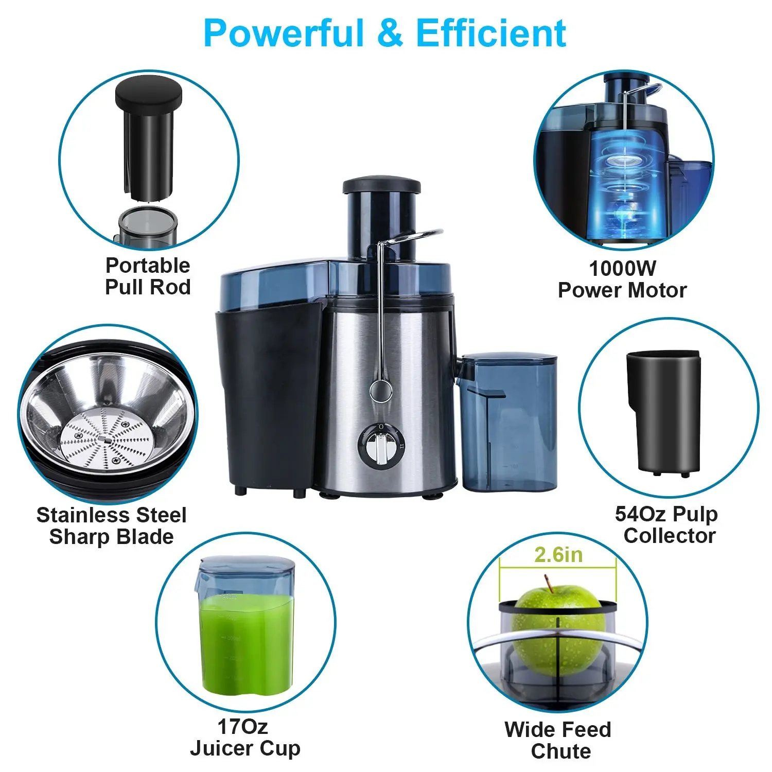 Electric 1000W Juice Extractor, Centrifugal Juicer with 2 Speeds, 17Oz Cup, 54Oz Pulp Collector for Vegetables and Fruits