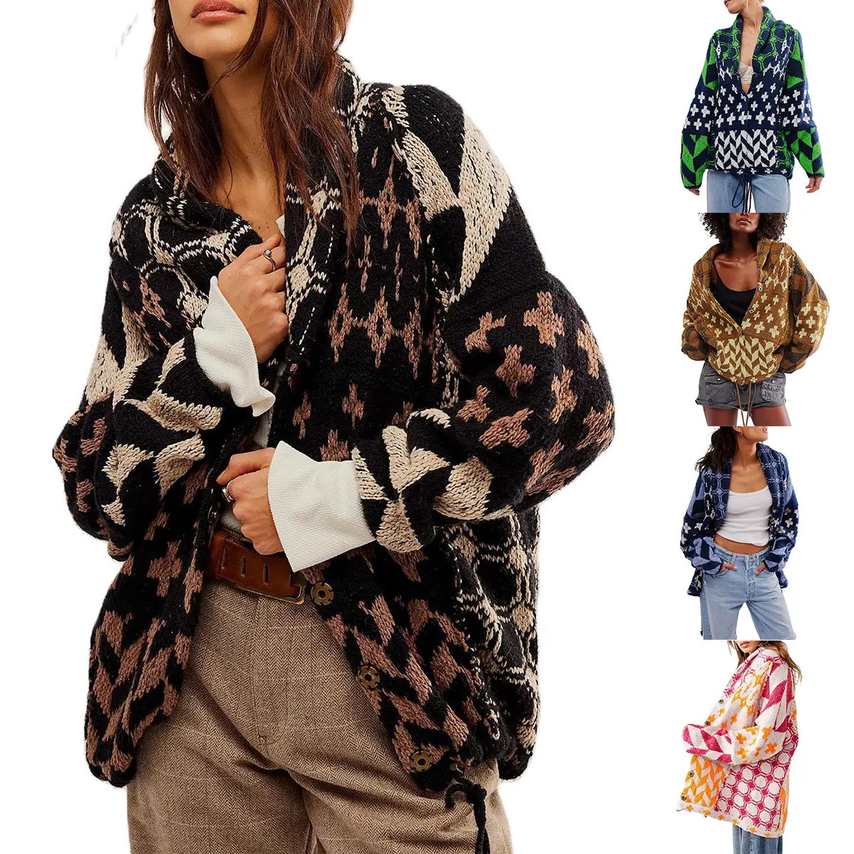 Buenoble Womens Patterned Knit Cardigan Vintage Open Front Pattern Chunky Sweater Outwear
