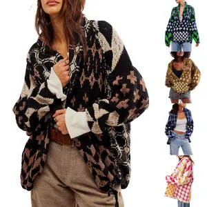 Buenoble Womens Patterned Knit Cardigan Vintage Open Front Pattern Chunky Sweater Outwear