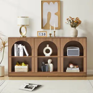 Giratree 62.99" Console Table with 3-Tier Open Storage, Arched Entryway Table with Carved Fluted Panels, Rectangular Wooden Sofa Table for Living Room, Hallway, or Behind Couch