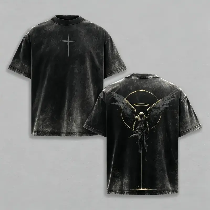 Men's Oversized Heavy Cotton Round Neck Shortsleeve Graphic Tee - Menswear Streetwear Top, Alternative Goth Casual Shirt with Archangel Acid Wash, Fallen Angel Print, Crusader Armor, Vintage Cross, Medieval Warrior Faith Design, Plain Option