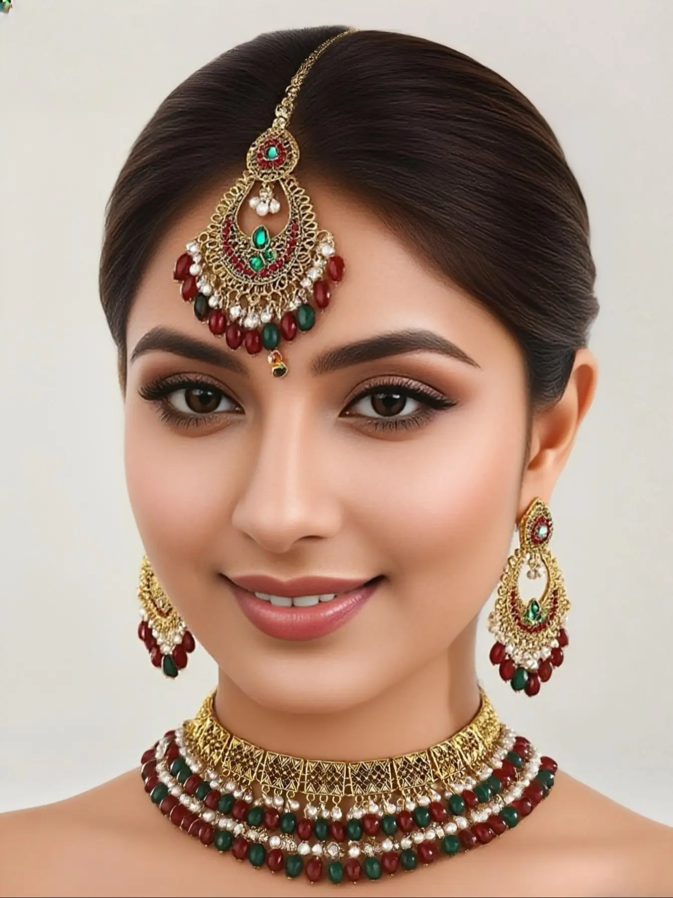 Fashionable Ethnic Style Mangatika Jewelry Set, Includes Head Chain, Necklace, Earrings, Perfect for Brides & Parties