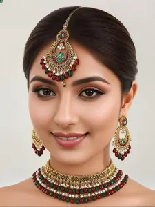 Fashionable Ethnic Style Mangatika Jewelry Set, Choker Set, Trendy Jewelry Set, Includes Head Chain, Necklace, Earrings, Perfect for Brides & Parties