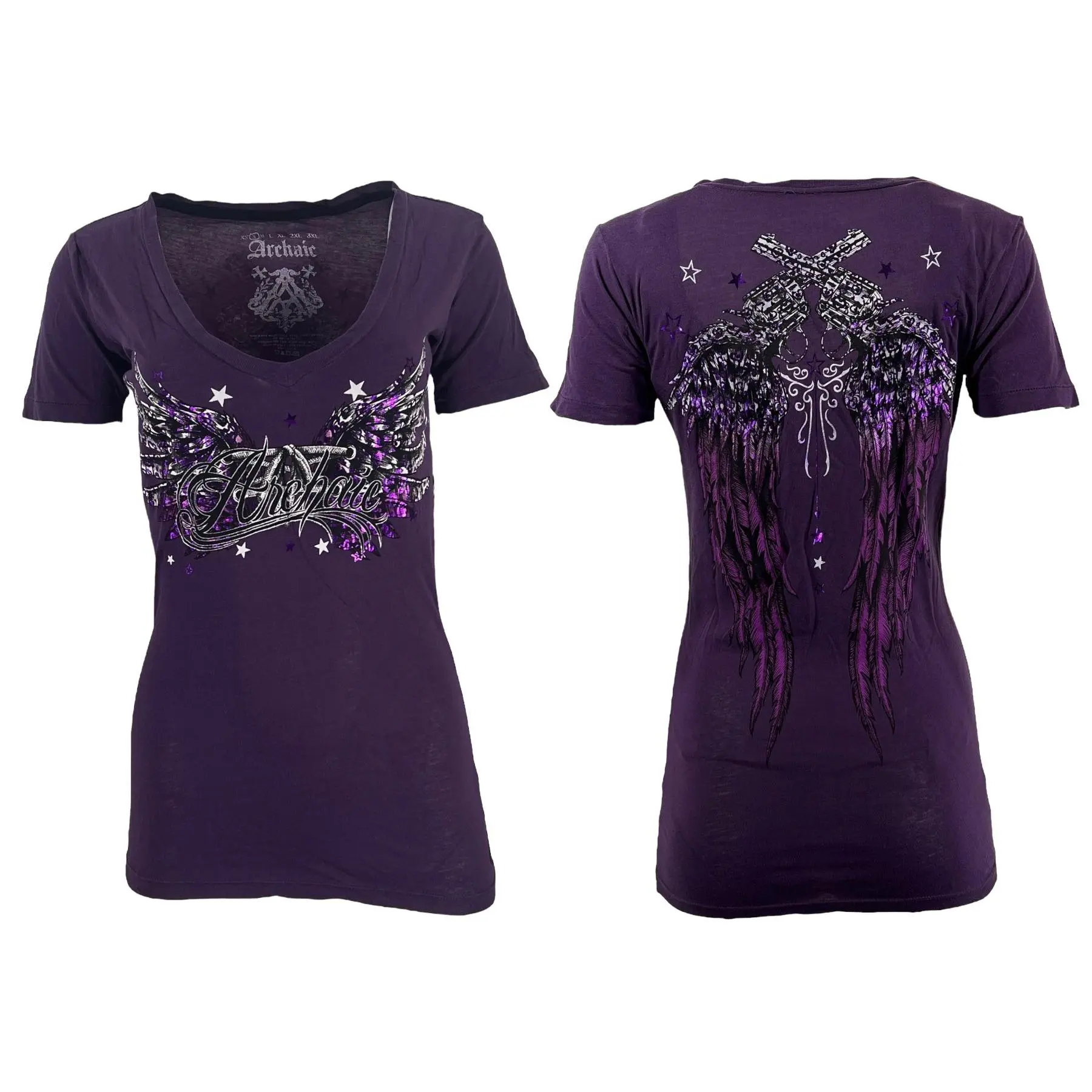 Archaic Women's Hot Smoke Cotton T-Shirt, 2000s Gothic Biker Style V-Neck with Front and Back Graphic Print, Casual Tee Shirts, Printed