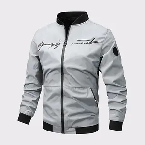 Men's lightweight all-season outdoor sports jacket with embroidered lettering, zipper closure, and stand collar - casual aviator style, regular fit, practical pockets, durable polyester fiber suitable for hiking, urban commuting, hiking clothing, sporty e