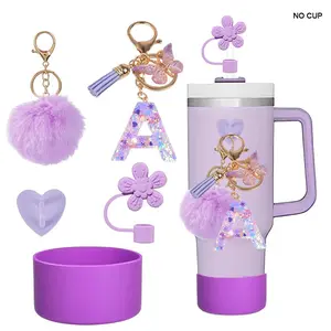 Letter Pattern Tumbler Mug Accessories Set, 5 Counts/set Including Silicone Straw Cover, Silicone Straw Topper, Kitchen Gadgets, Heart Hook and Pom Charm, Drinkware Accessories for Gift Accessories