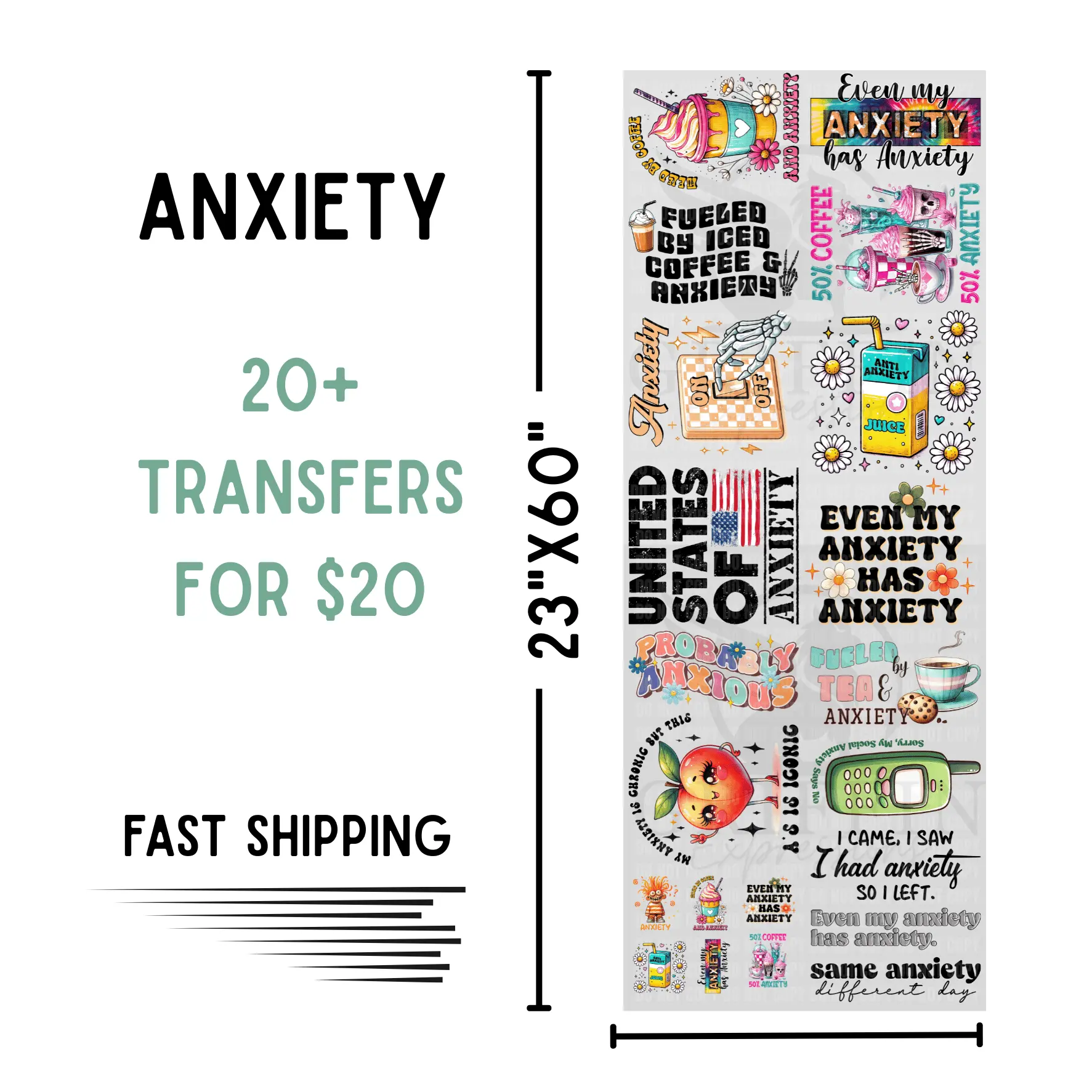 Anxiety | Dollar Deals DTF Transfer Gang Sheet For Graphic Tees