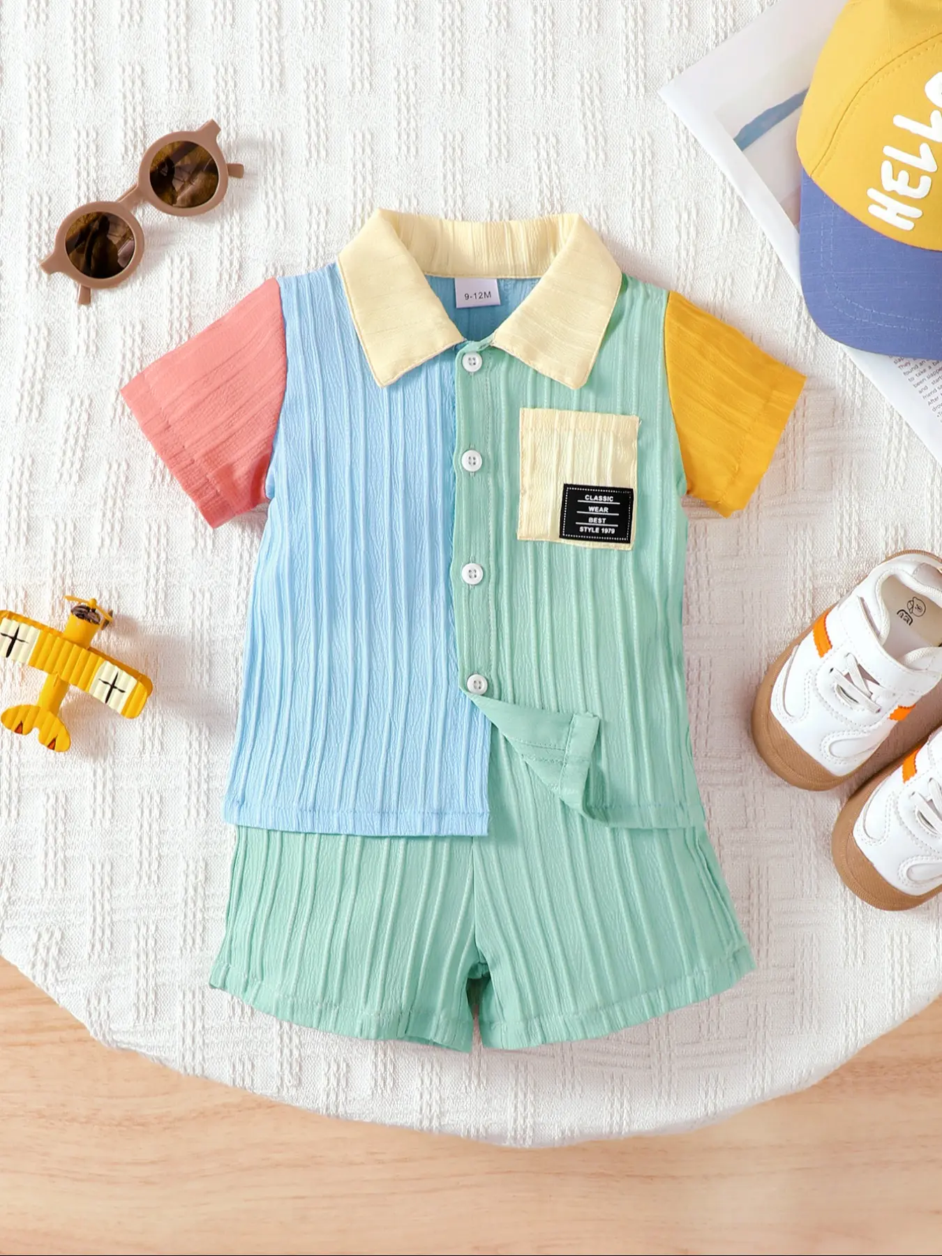 Boys' & Girls' Summer Color Blocking Set, Casual Short Sleeve Shirt & Shorts, Kids Clothing for Outdoor Daily Wear
