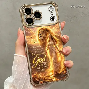 Faith Lion Phone Case for iPhone 17 16 15 14 13 12 11 Pro Max Plus Air, God Goes With Me Clear TPU Shockproof Metallic Cover DDSJ260627034