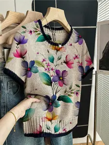 Spring Summer Elegant Women's Colorful Floral Pattern Contrast Print Round Neck Sweater, Casual Short Sleeve Knit Top, Breathable Daily Wear