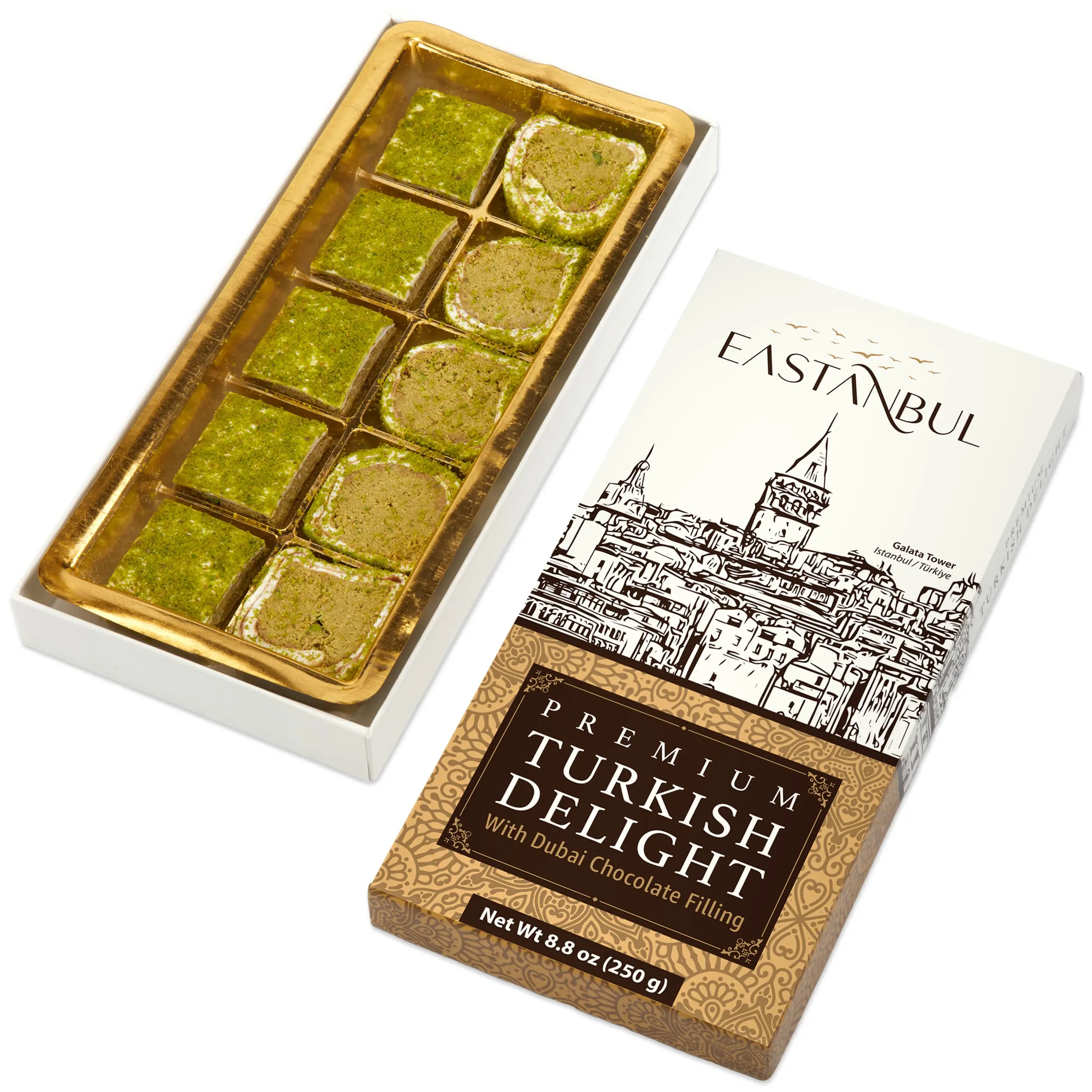 Eastanbul Premium Dubai Turkish Delight with Chocolate Filling & Pistachio Coating, 8.8oz Lokum Candy, Luxury Middle Eastern Dessert Gift Box,Traditional Nutty Flavors