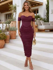 CurvySweet Women's Off The Shoulder Cocktail Midi Dress with Built-in Bra Ruched Bodycon Corset for Fall Homecoming Wedding Guest Formal Party - Sleeveless