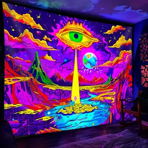 1pc vibrant cartoon eye tapestry. Glows with planets and psychedelic art under blacklight. Easy hang, no installation. Perfect for bedrooms, parties, or home decor. Colorful and eye-catching.