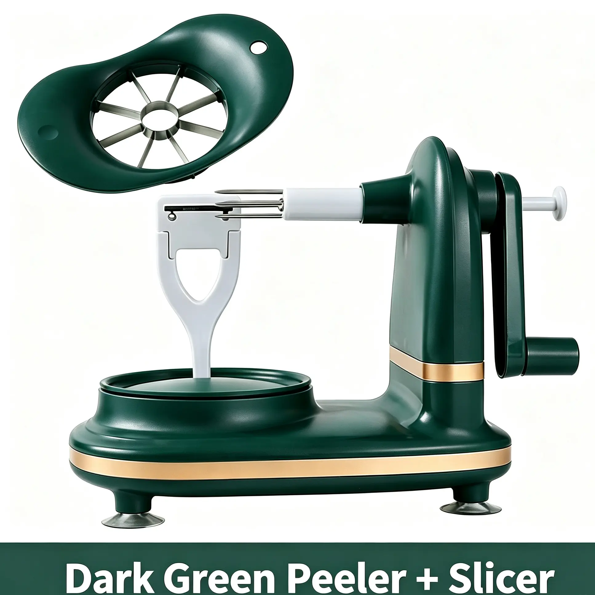 Dark Green Hand Crank Apple Peeler Corer Slicer, 3 in 1 Multifunctional Fruit Peeling Machine with Stainless Steel Blades, Suction Base Kitchen Gadget for Apple Pear Potato