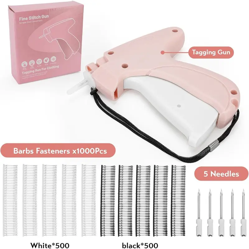 Pink Fine Stitch Mini Stitch Gun Kit, Latest Version with 1 Storage Box, 5 Needles, 1000 Micro Barbs Fasteners for Garment Factories, Tag Toys & Luggage, Consignment Sales Use