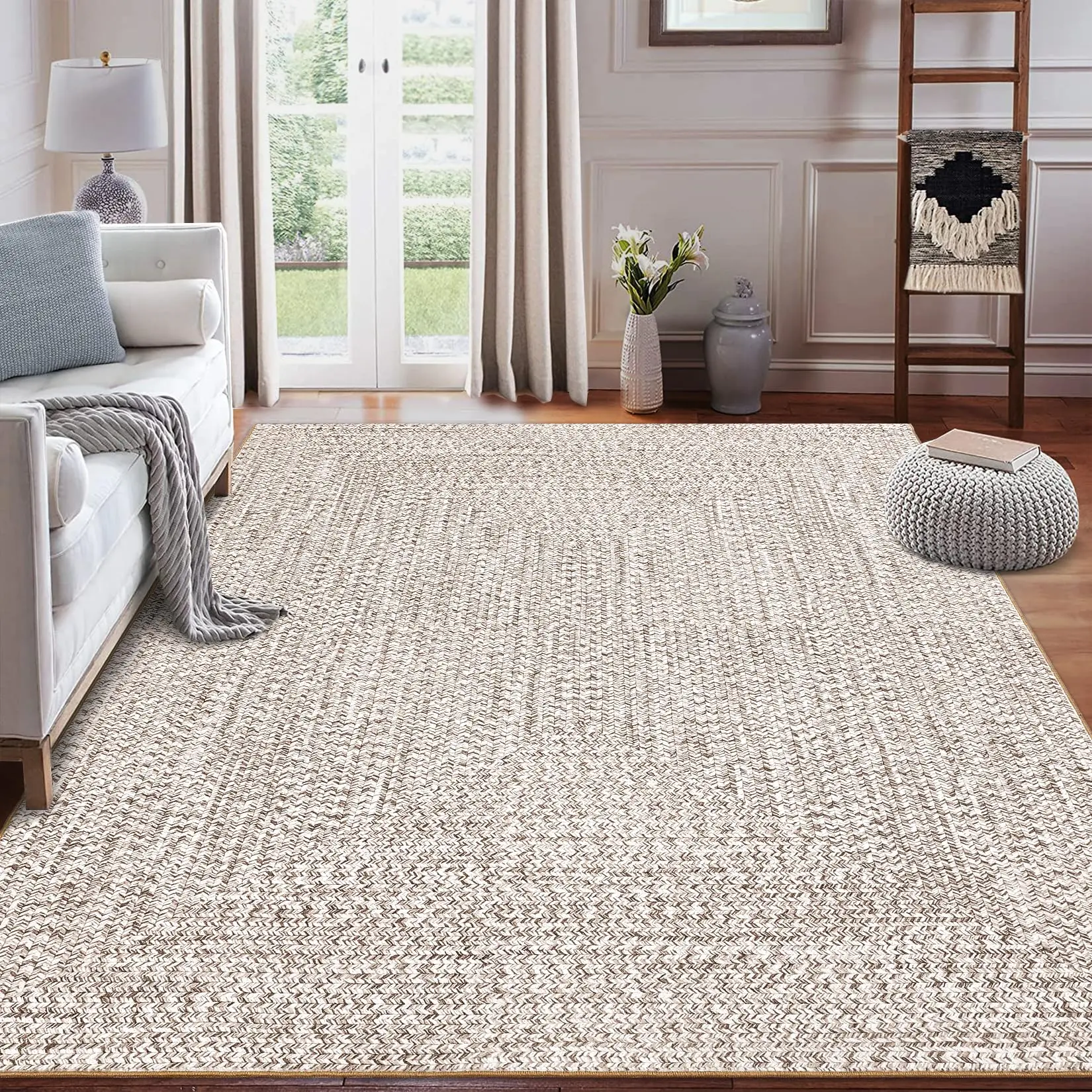 Garvee 8x10 Rug Washable Solid Braided Rug, Modern Neutral Living Room Rugs, Large Washable Solid Braided Printed Carpet for Under Dining Table Bedroom Farmhouse Nursery Home Office,Beige